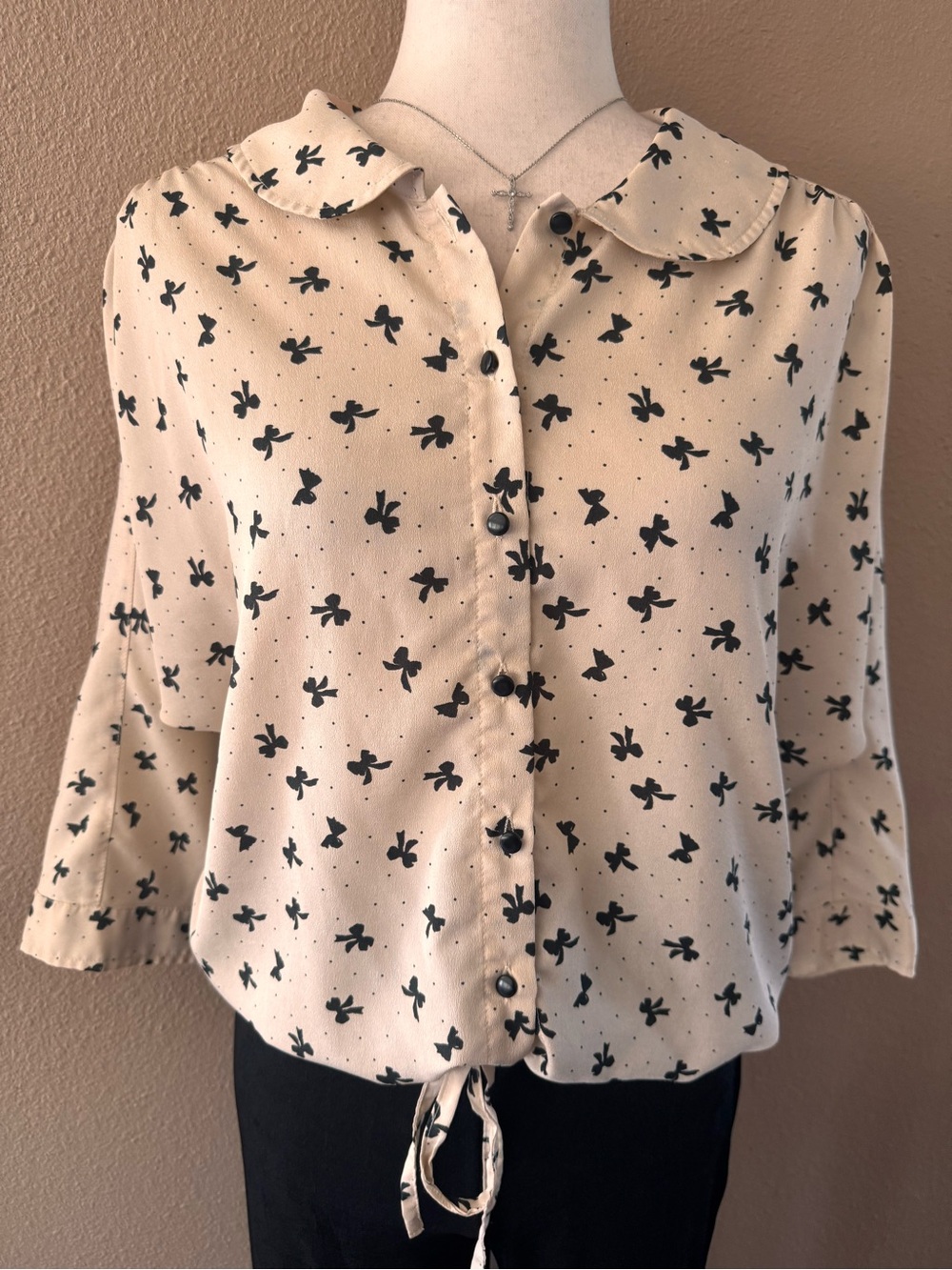 Womens Light Blush Button-Front Blouse with Black Floral Print